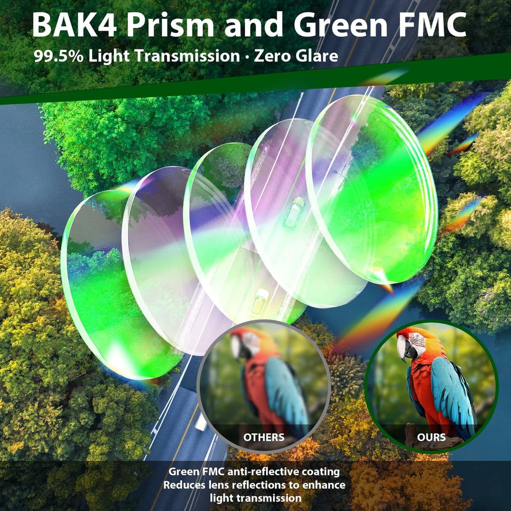 Black binoculars with green anti-reflective lenses and sleek prism housing