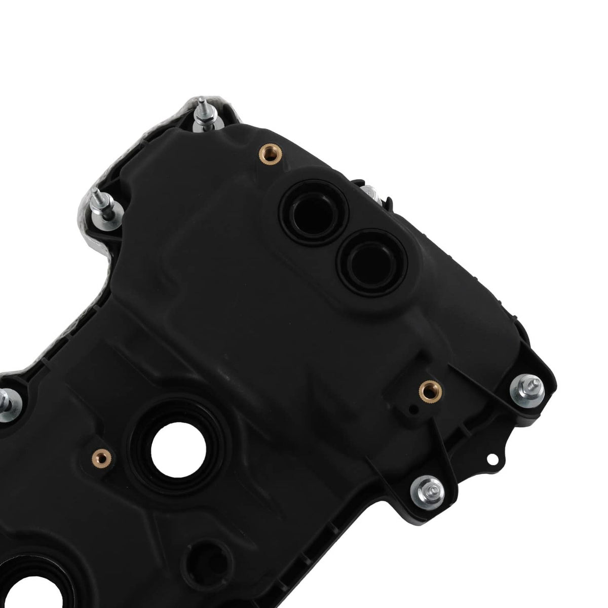 Black engine valve cover corner with two ports and screw mounting points