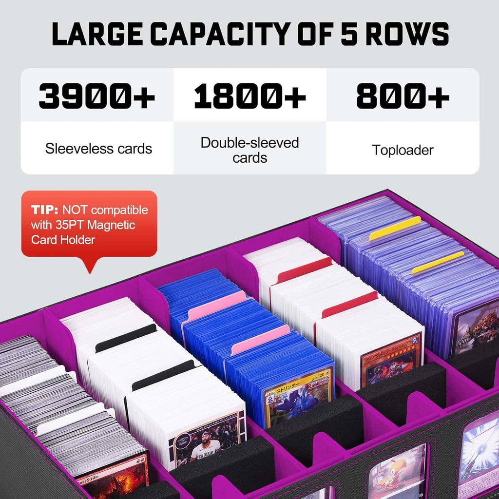 Purple and black 5-row card storage box with organized rows of sleeved cards