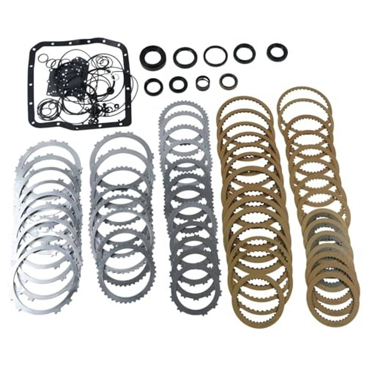 Transmission rebuild kit parts: gasket, O-rings, and stacked steel/friction plates