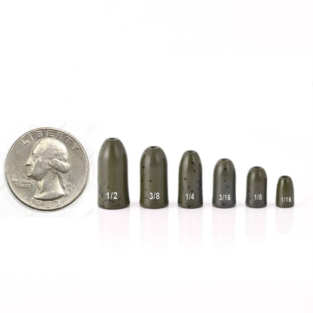 Set of speckled dark green bullet fishing weights in multiple sizes with coin for scale.