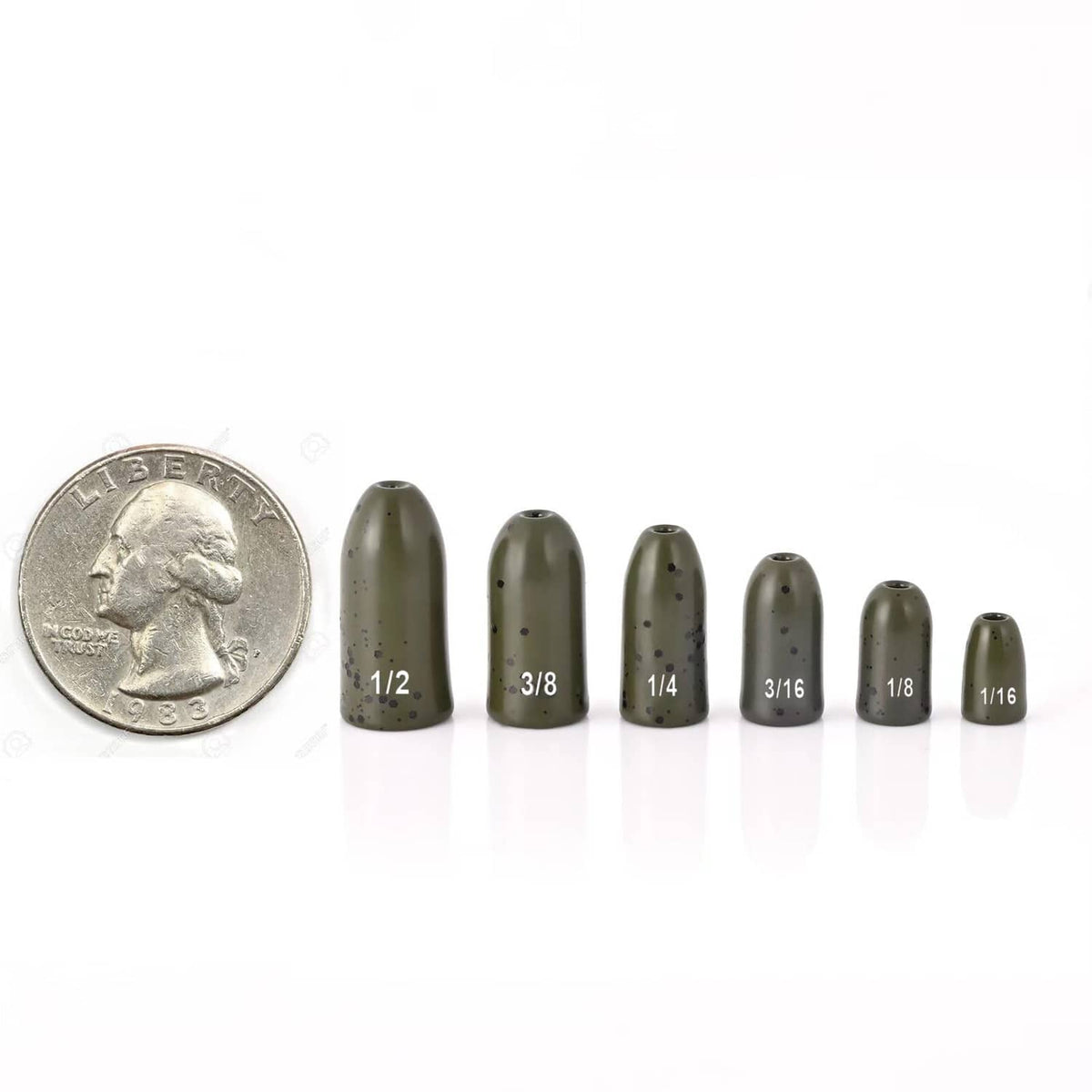 Set of speckled dark green bullet fishing weights in multiple sizes with coin for scale.