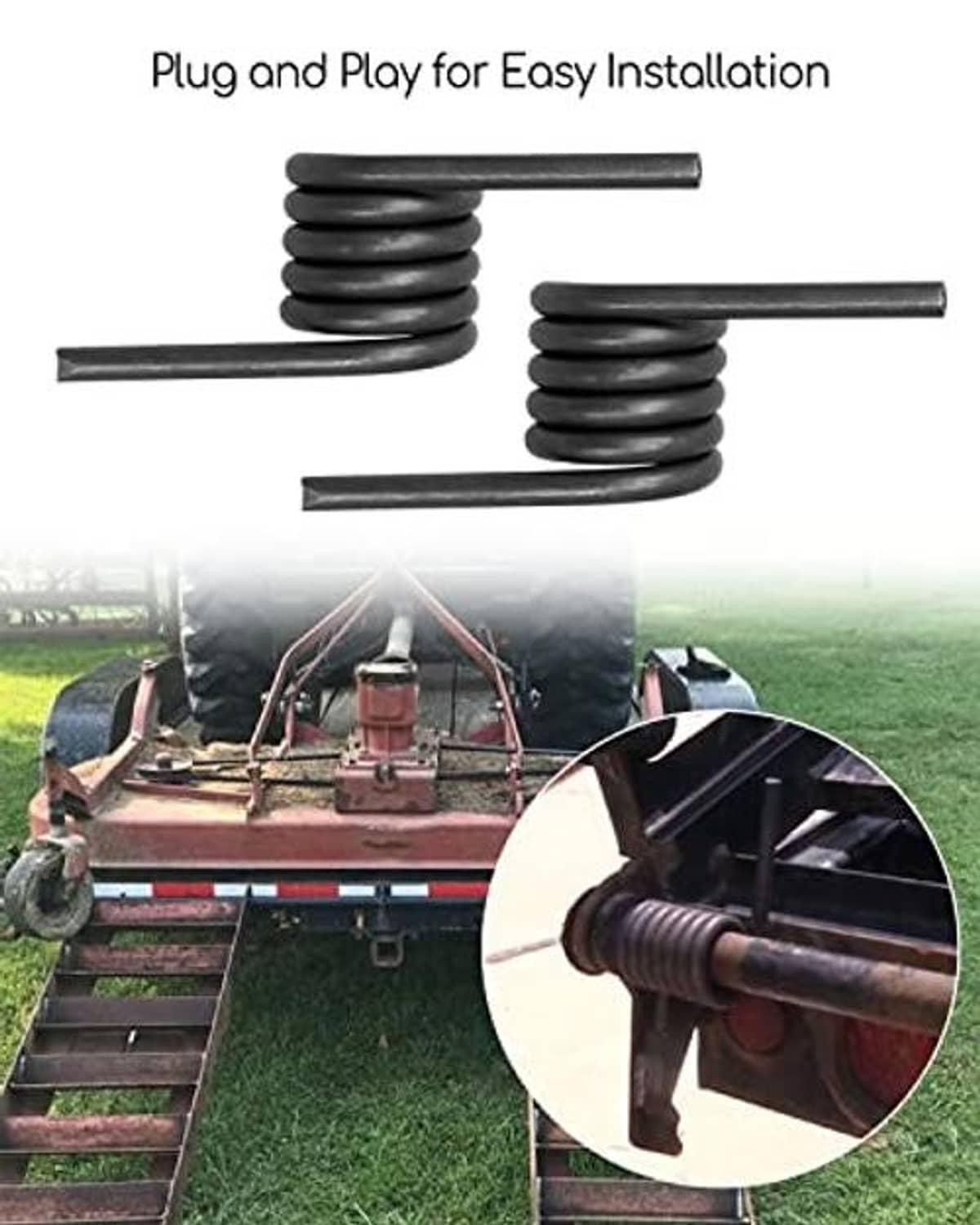 Two black torsion springs with straight rods for trailer ramp torsion application