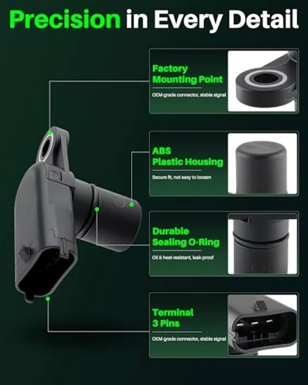 Camshaft position sensor close-up showing ABS plastic housing and rubber sealing O-ring