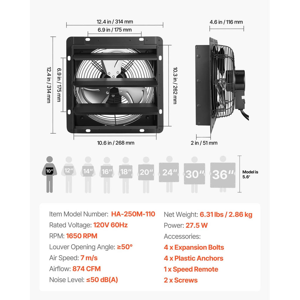 Wall-mount shutter exhaust fan size diagram with louver opening and mounting parts