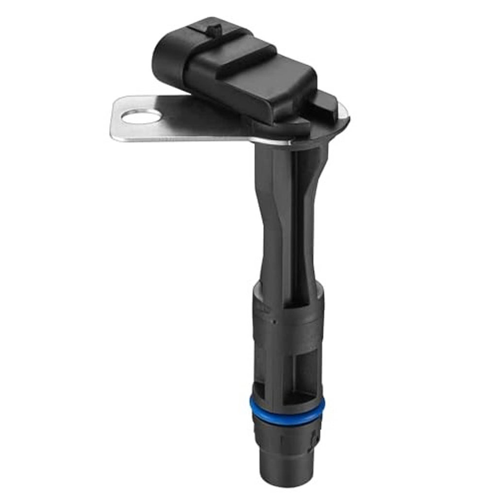 Camshaft position sensor with metal plate mount, black body and blue sealing ring detail.