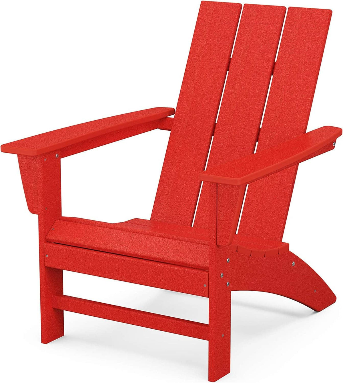 Red modern Adirondack chair, slatted back, curved seat base and armrests
