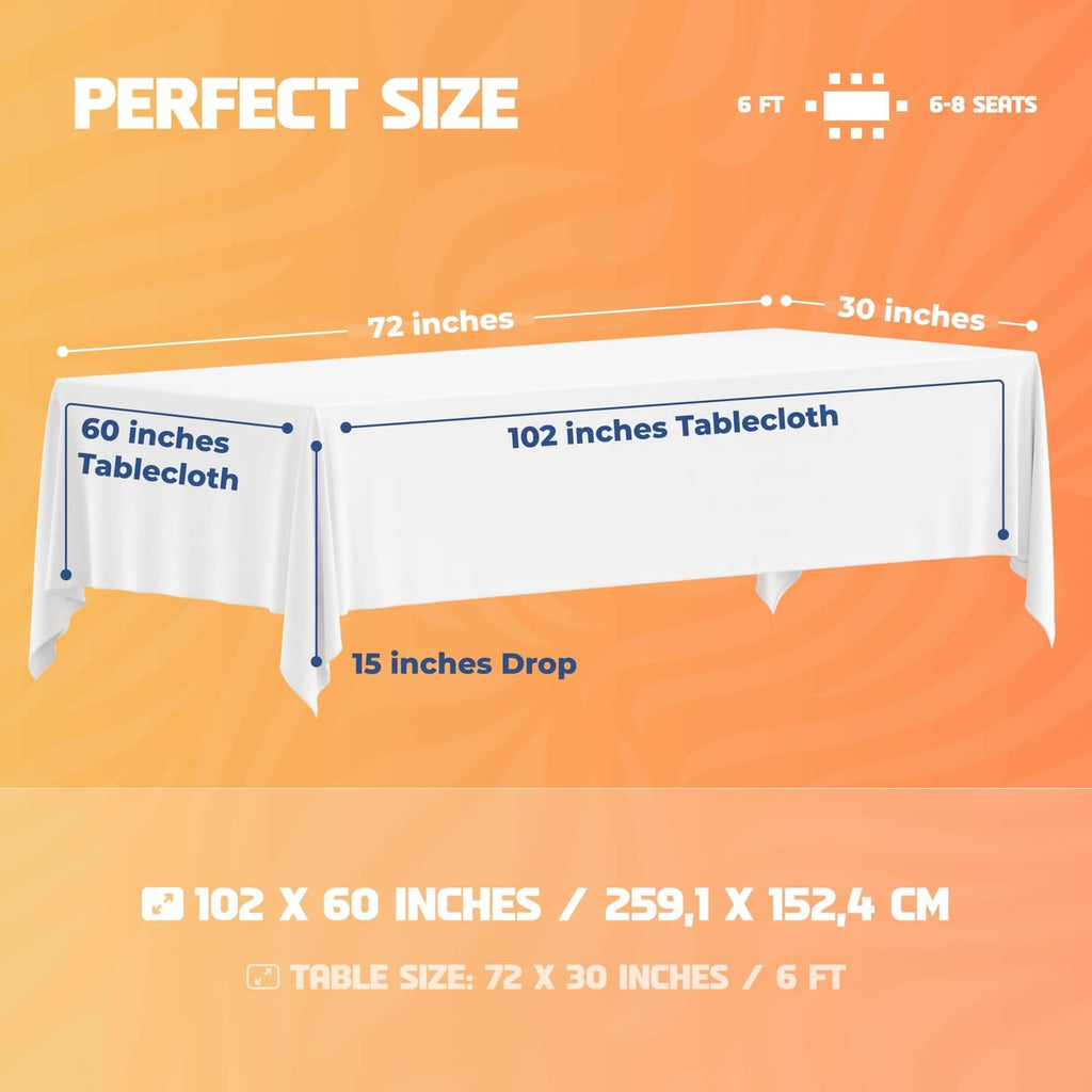 White tablecloth size diagram showing 60 x 102 in and 15 in drop