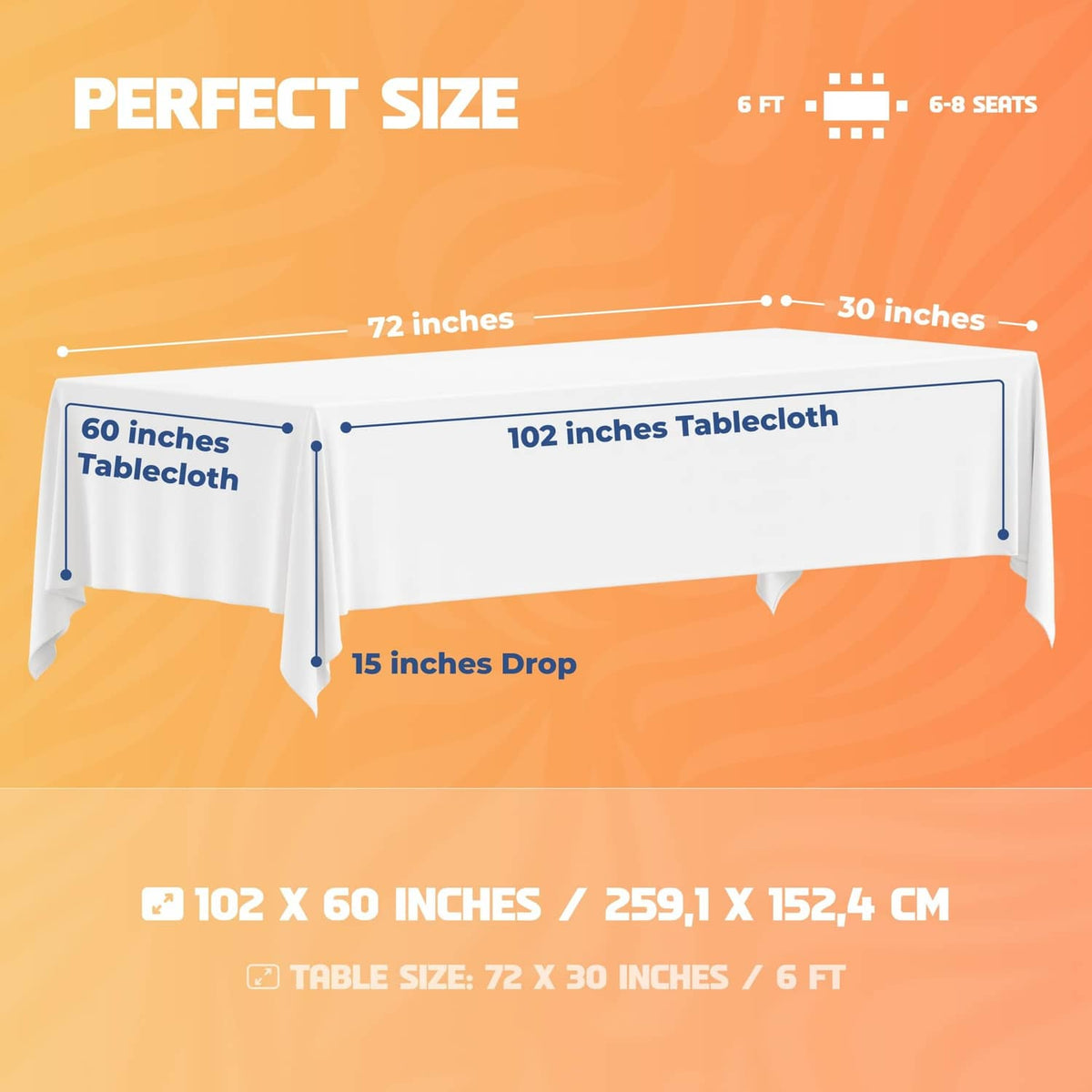 White tablecloth size diagram showing 60 x 102 in and 15 in drop