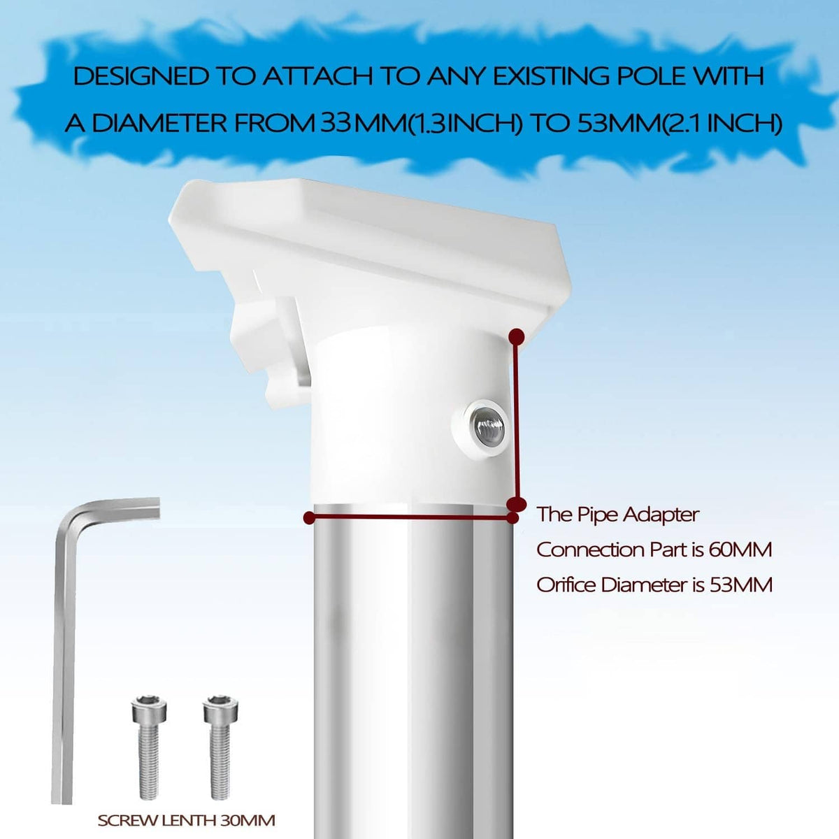 White pipe adapter connection bracket with side rod and threaded mounting holes