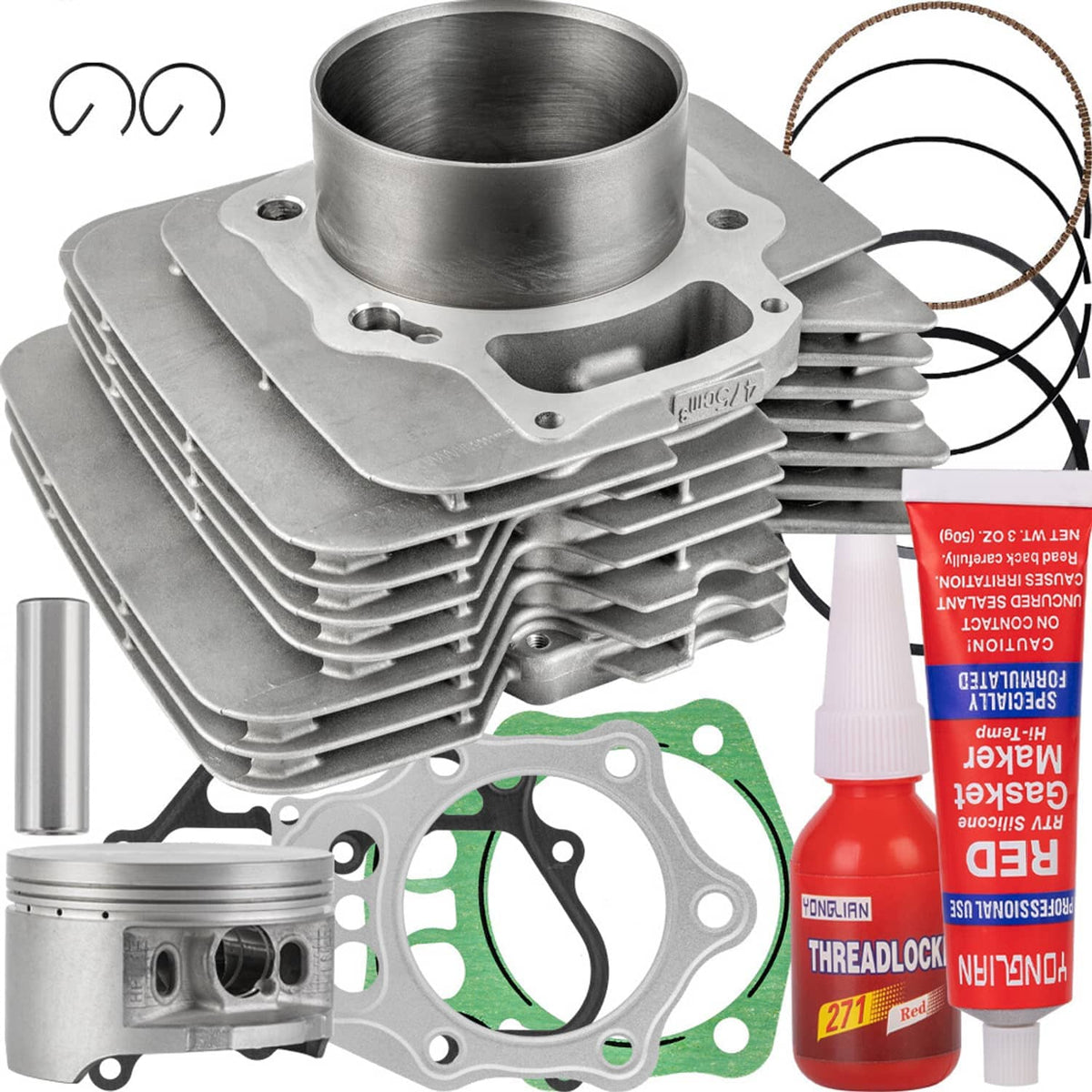Finned aluminum cylinder and piston gasket set with piston, gaskets, and sealant tube