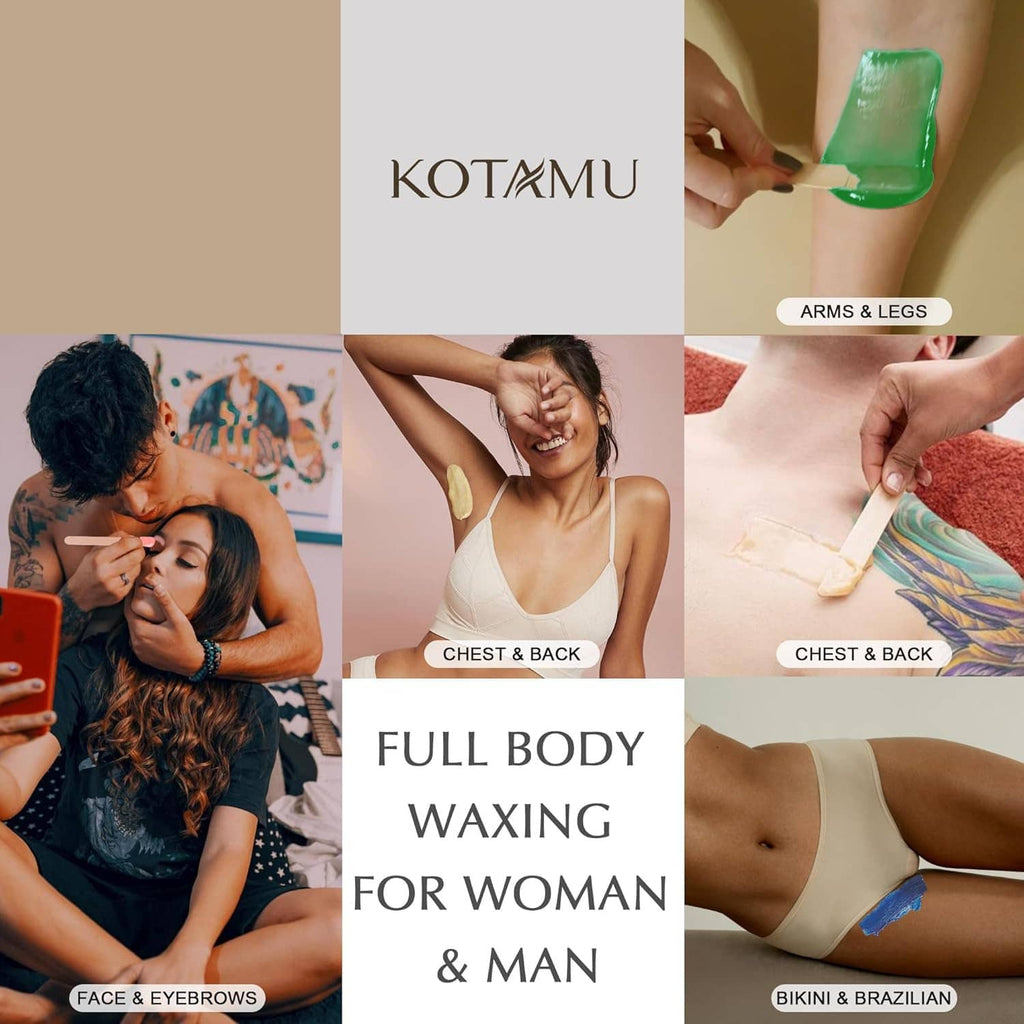 Home hard wax kit shown for face, chest, arms, legs, and bikini waxing areas