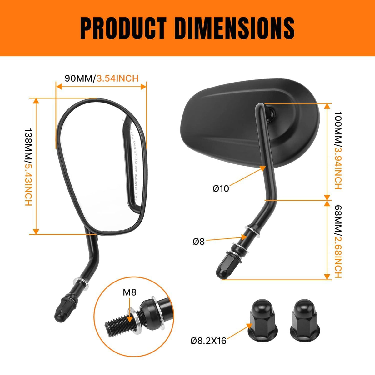Rearview mirror dimensions diagram showing black oval mirrors, stems, and mounting hardware