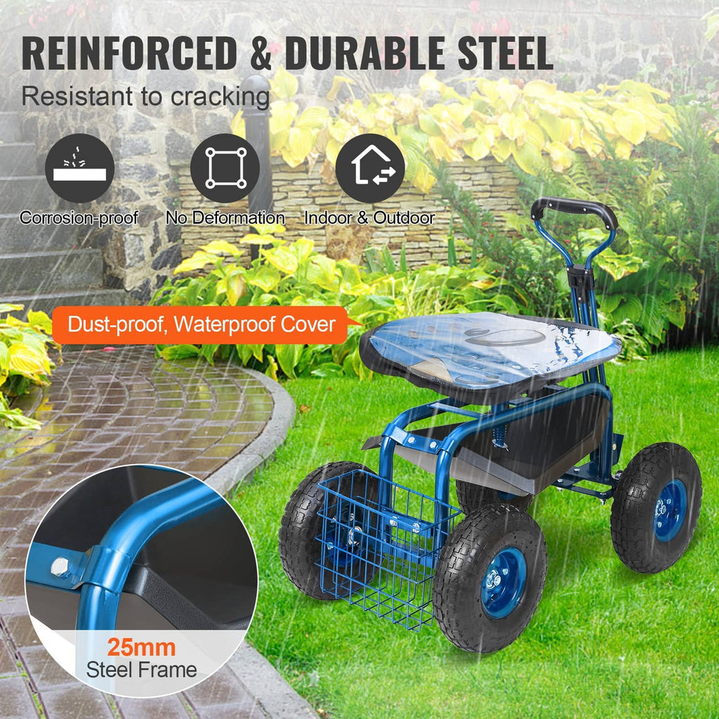 Blue rolling garden cart with steel frame, covered top seat, and four tires