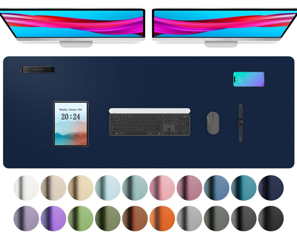 Dark blue desk pad protector with smooth surface and rounded corners for office use.