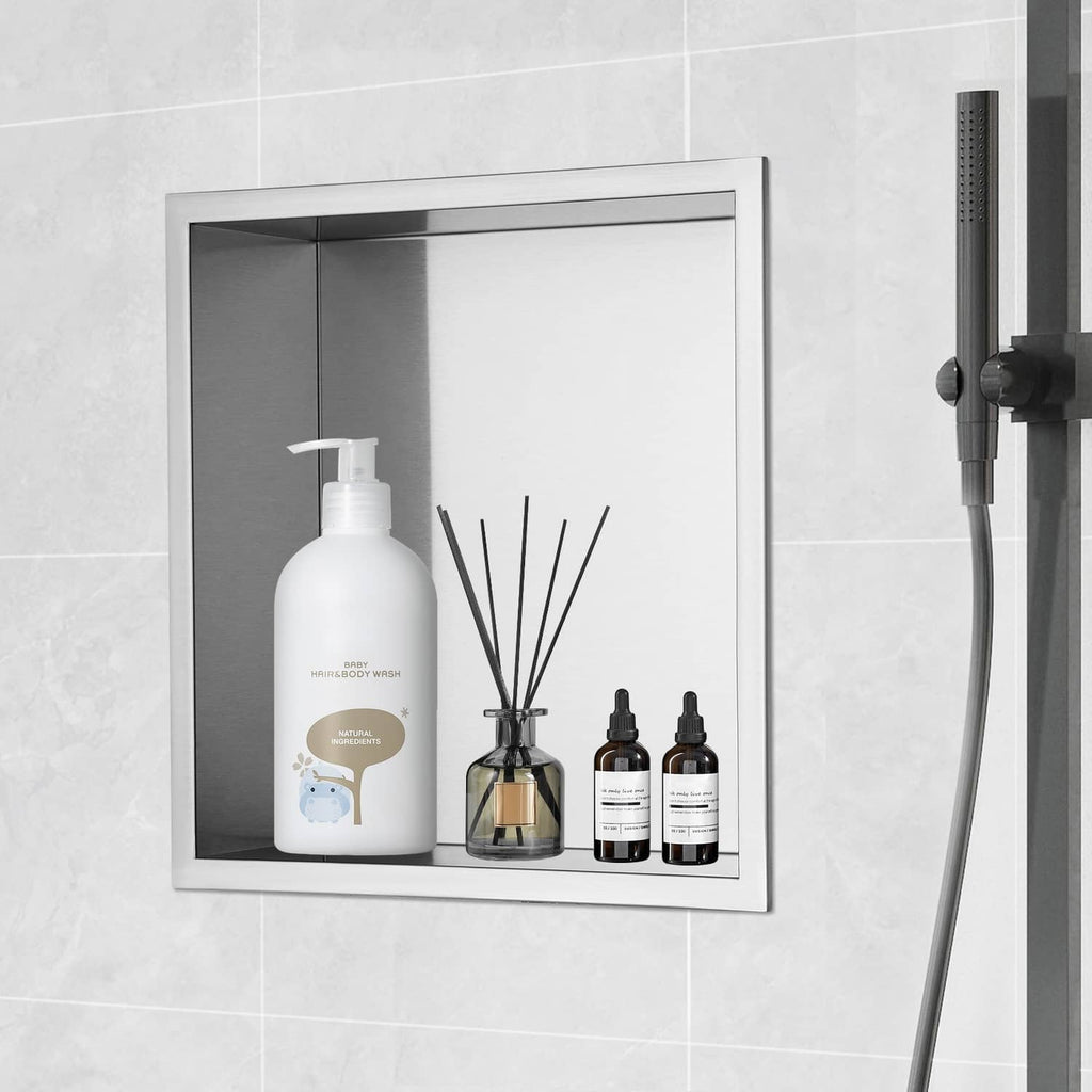 Uimoso stainless steel shower niche with toiletries on shelves