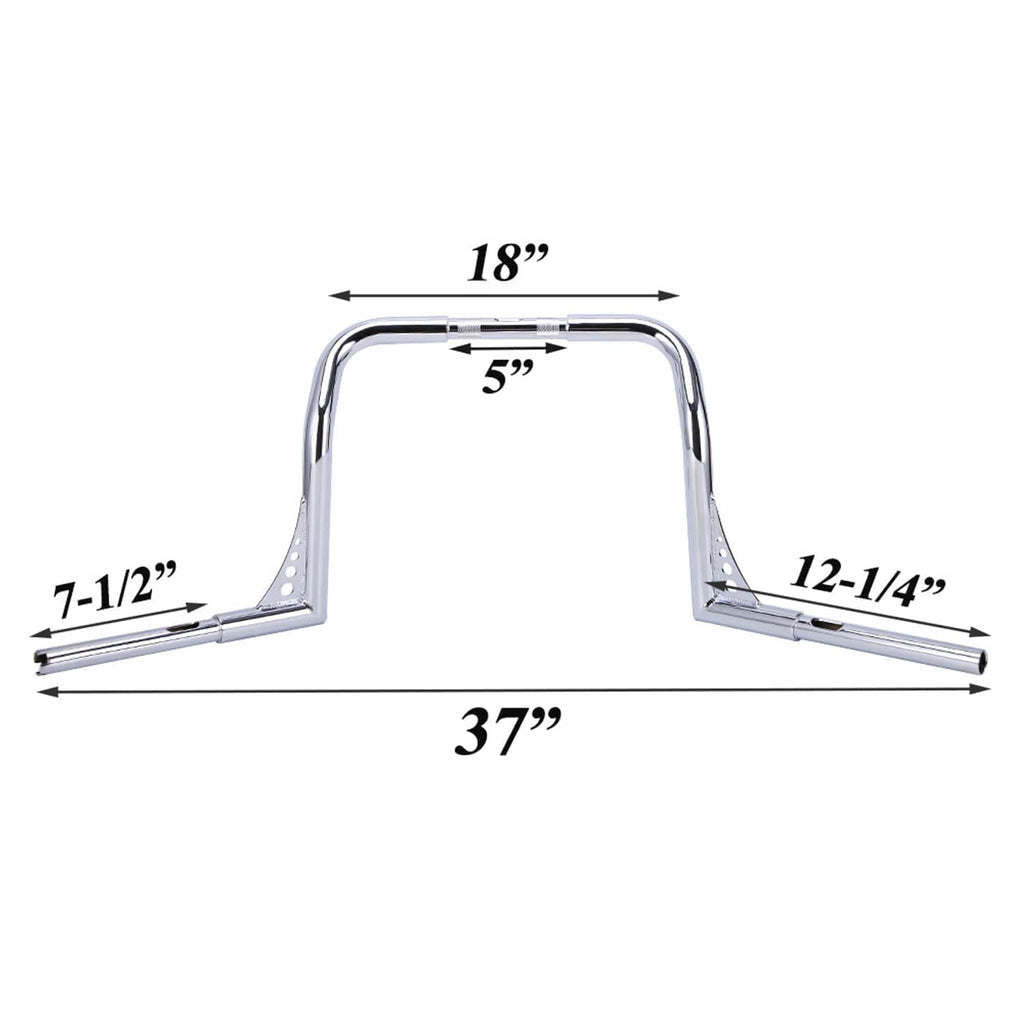 Chrome ape hanger handlebar dimensions: 18 in rise, 7-1/2 in width