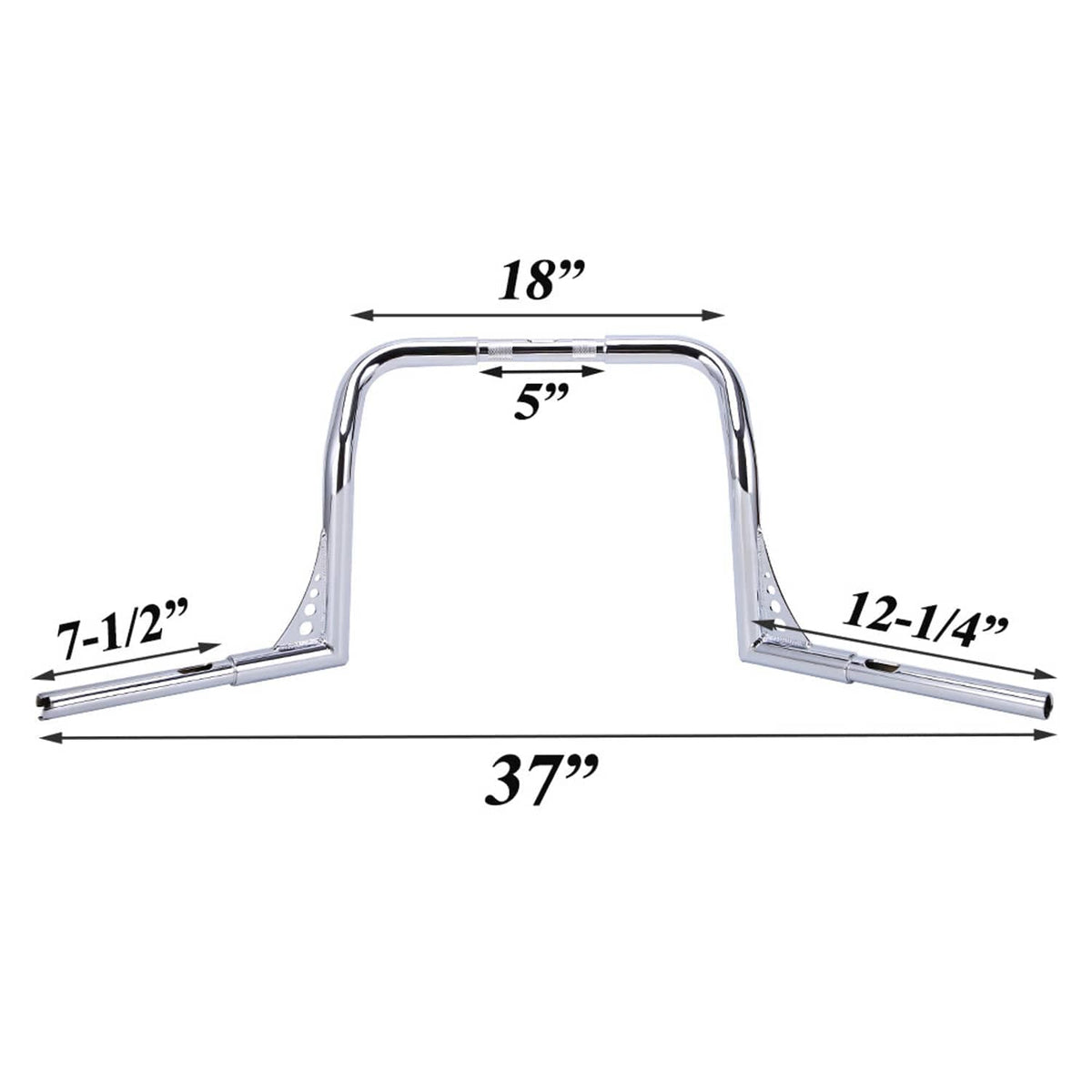 Chrome ape hanger handlebar dimensions: 18 in rise, 7-1/2 in width