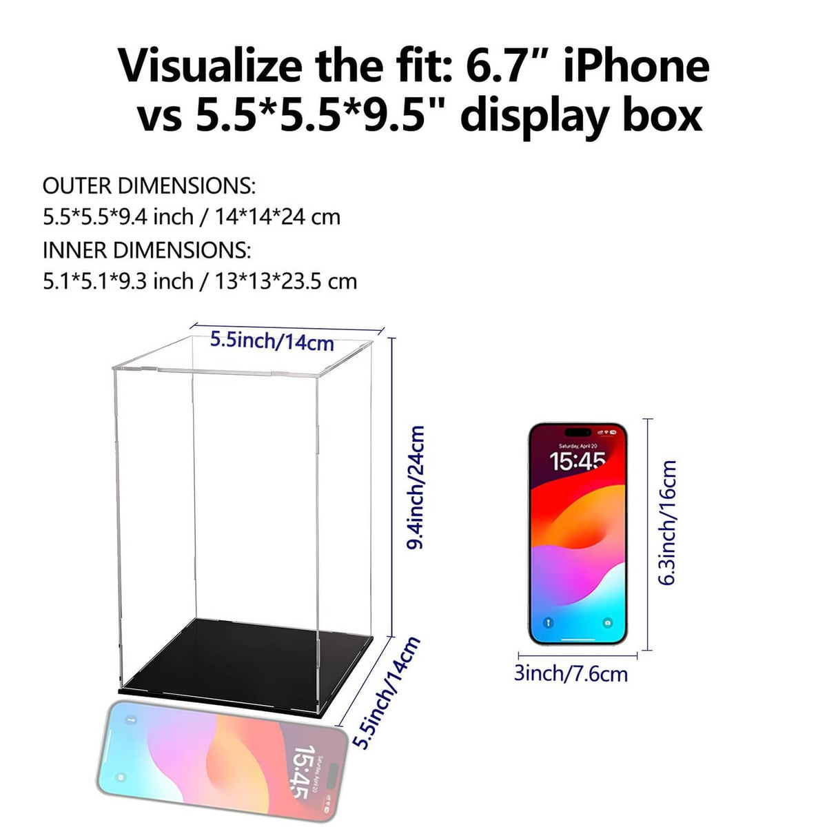 Clear acrylic display box with black base for small items, size examples