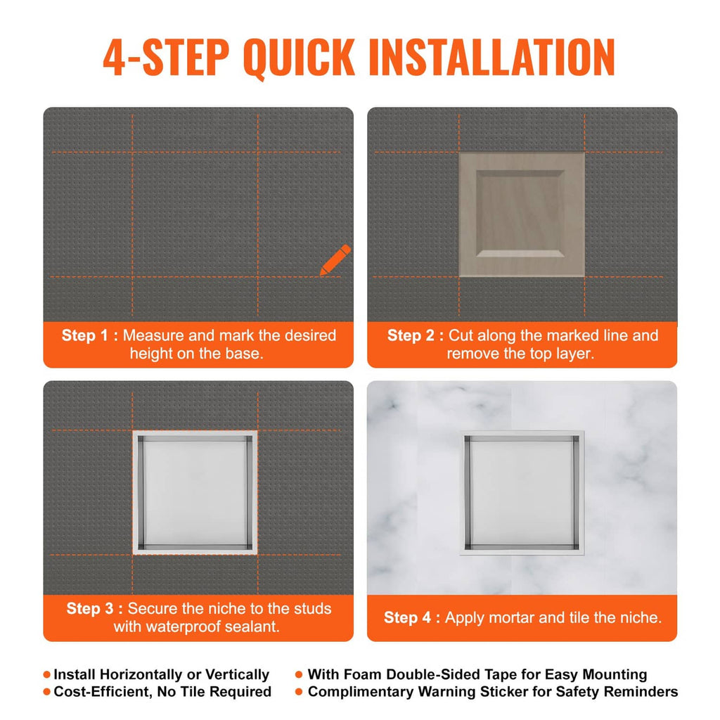 Uimoso stainless steel shower niche installation steps diagram