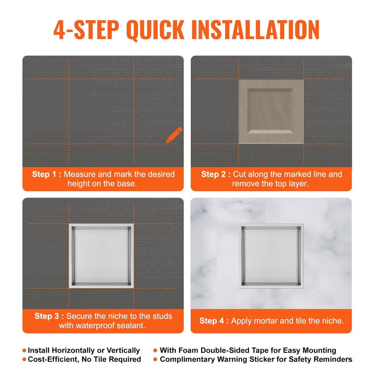 Uimoso stainless steel shower niche installation steps diagram