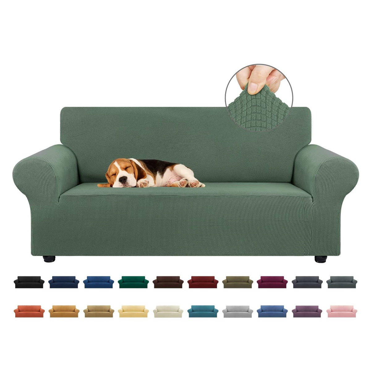 Greyish green stretch loveseat sofa slipcover with fitted arms and back