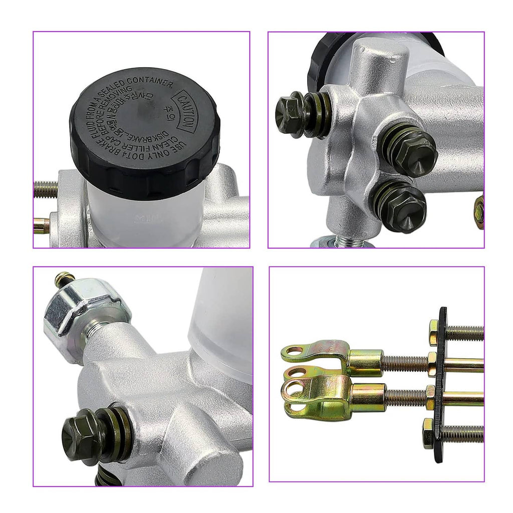 Hydraulic brake master cylinder close-up with black reservoir cap and gold mounting prongs
