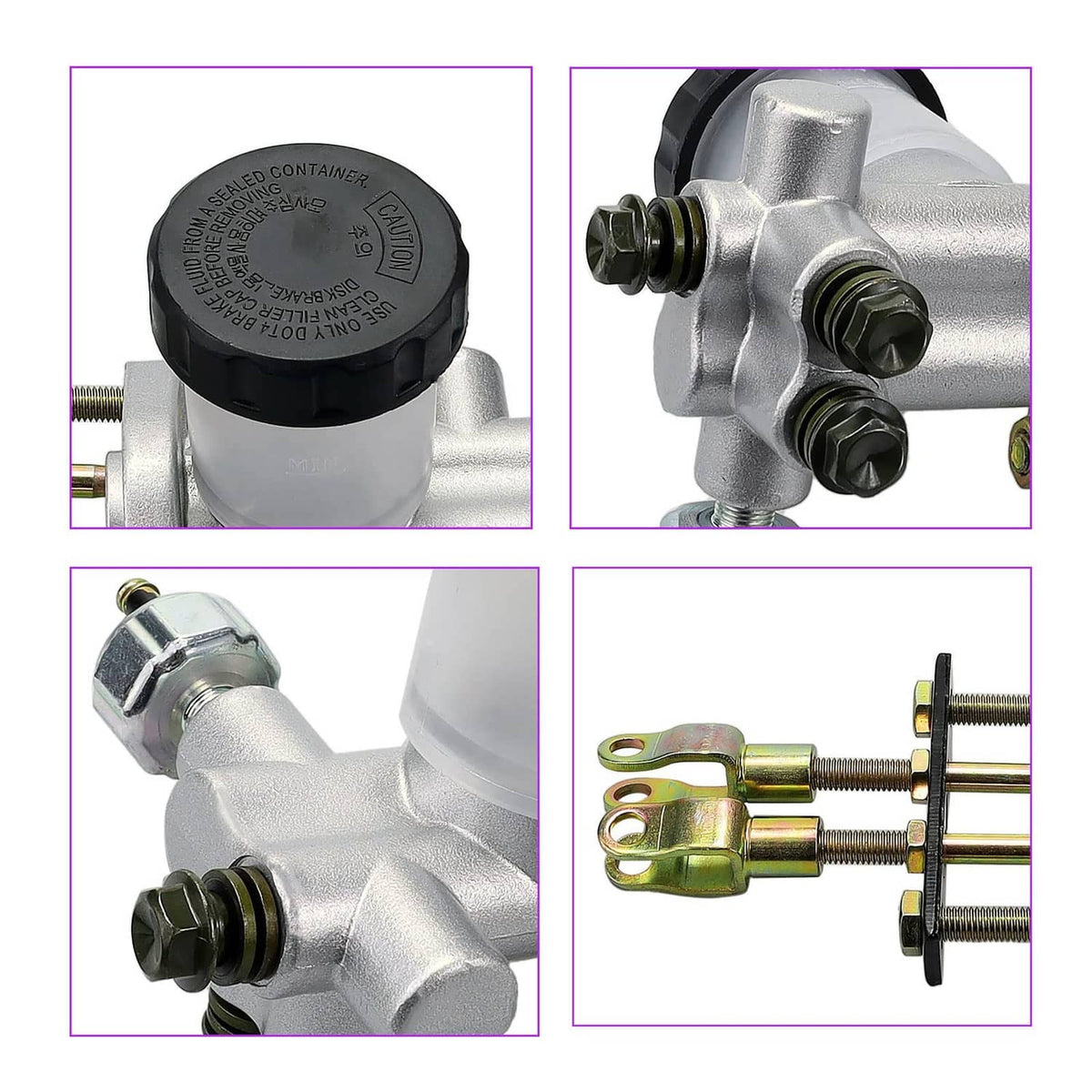 Hydraulic brake master cylinder close-up with black reservoir cap and gold mounting prongs