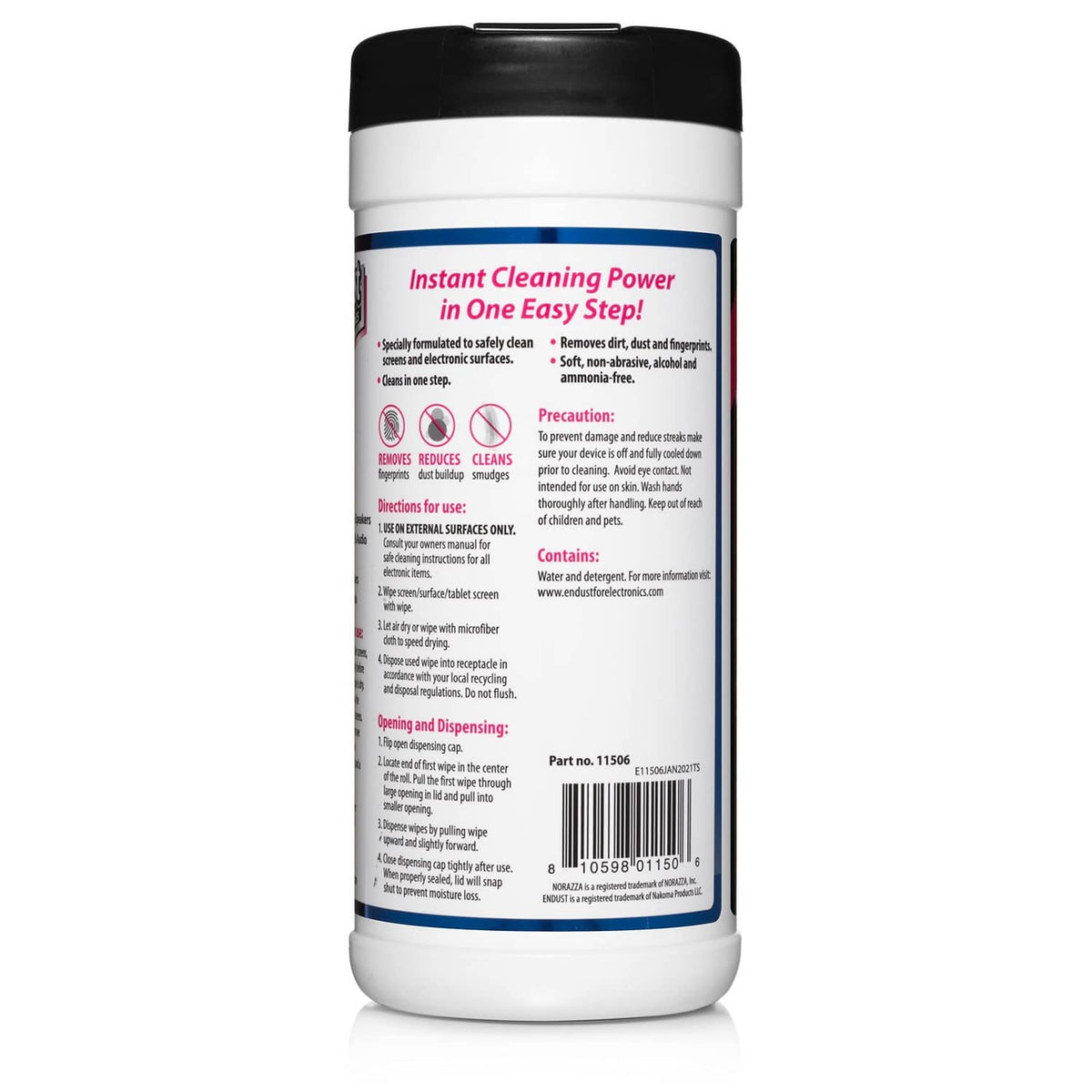 Endust screen cleaning wipes canister, black cap, white base, blue instruction label panel