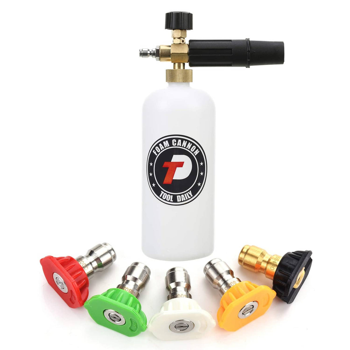 White foam cannon bottle with brass connector, black spray handle, and colored quick-connect tips