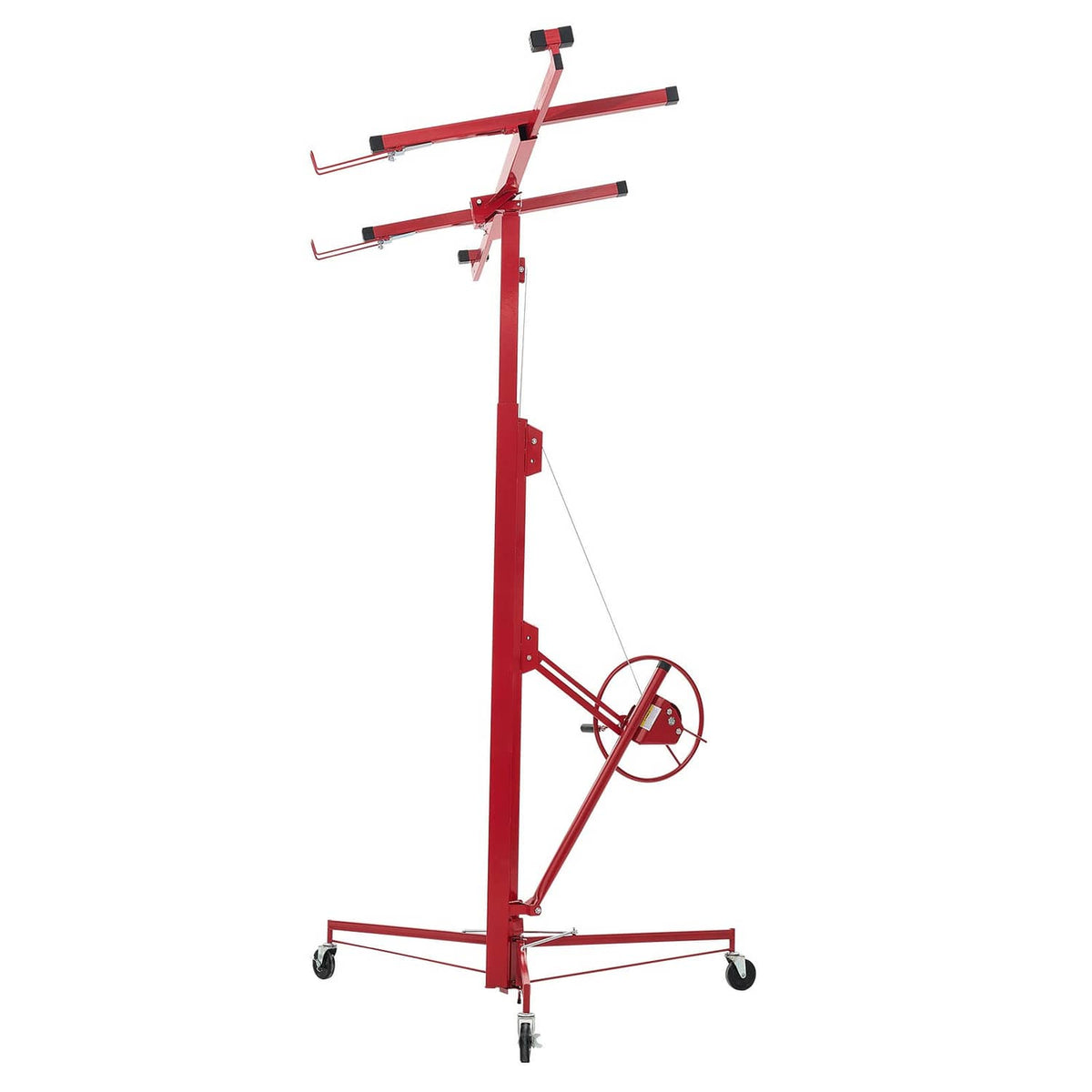 Red drywall hoist stand with telescoping arms, winch wheel, and caster wheels