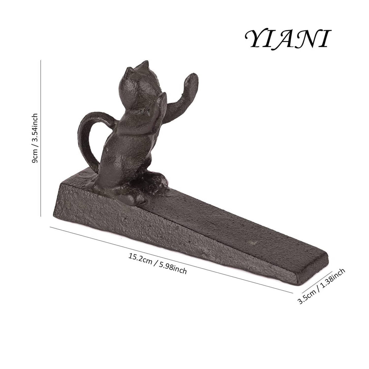 Dark gray cast iron cat door stopper on rectangular base, cat with ear and tail detail