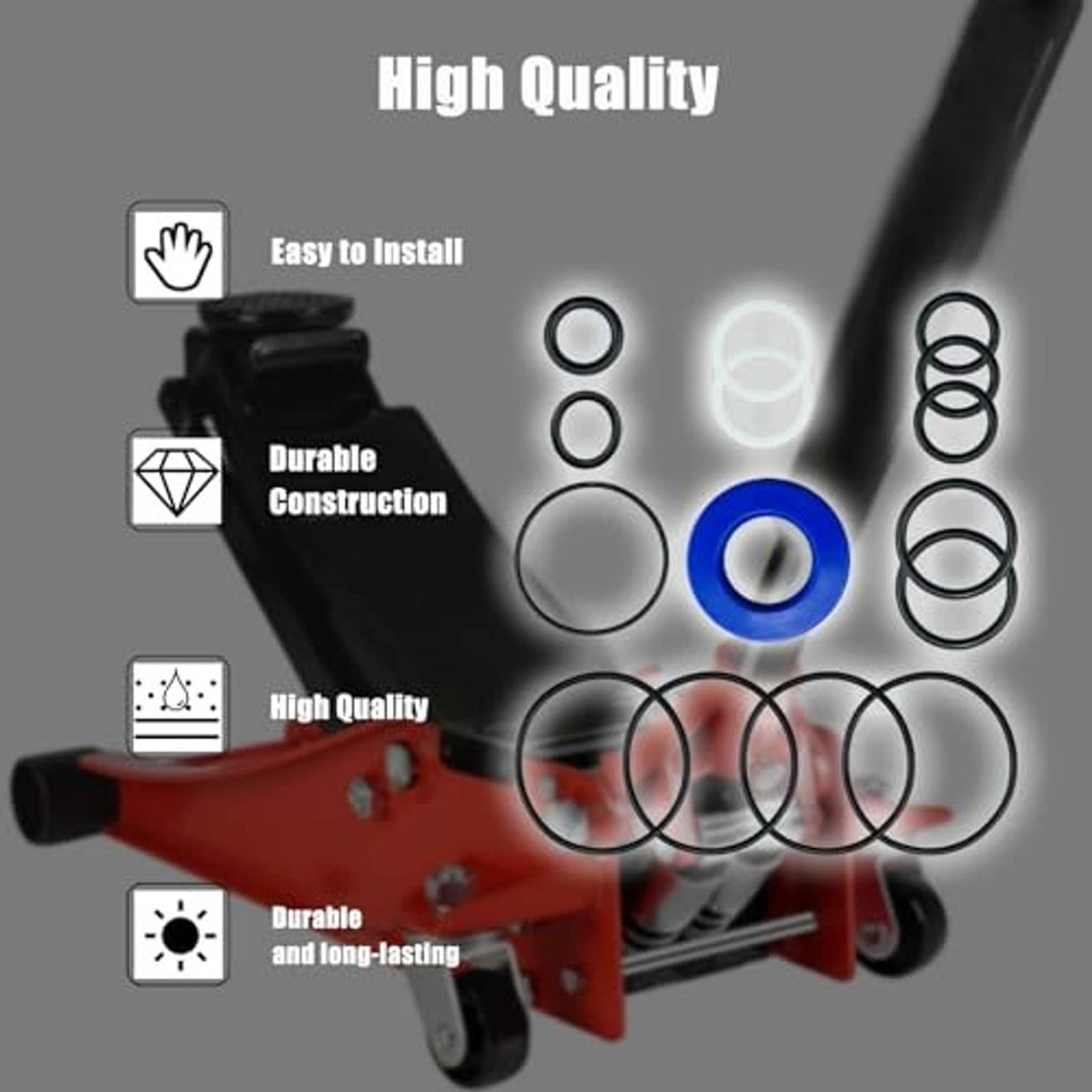 Floor jack seal replacement kit with blue seal ring and several black O-rings