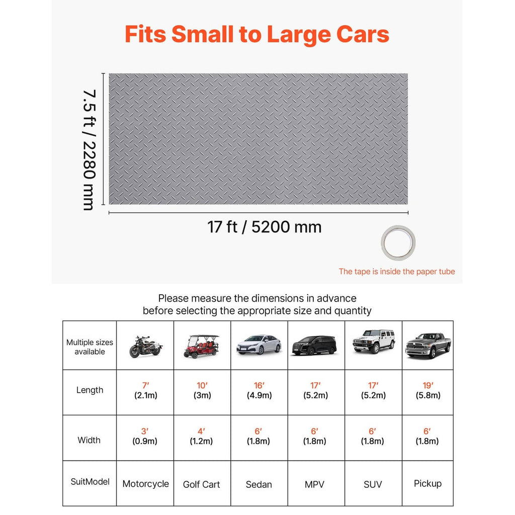 Silver gray garage floor mat, 7.5 x 17 ft, diamond plate grip surface
