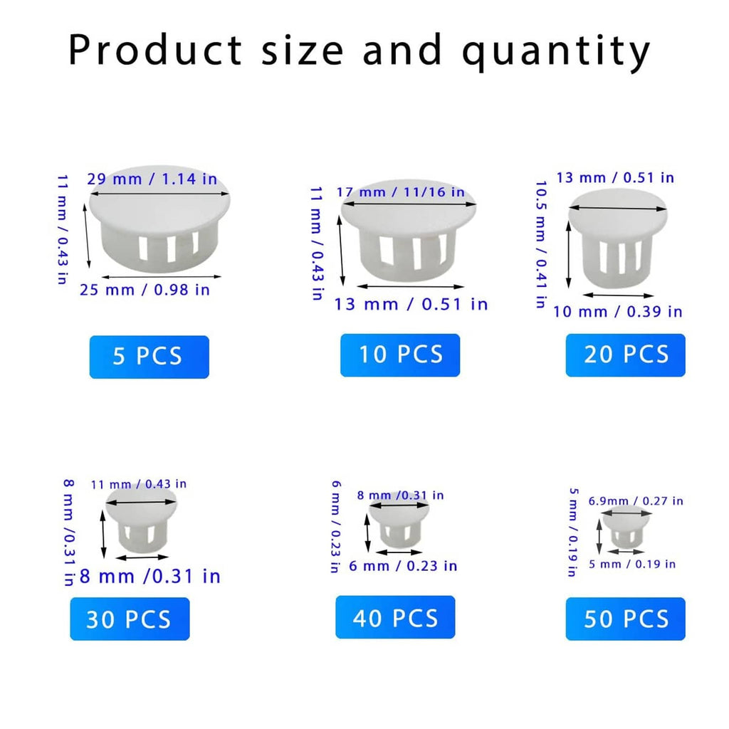 White plastic plugs shown in size options with quantity labels, various diameters