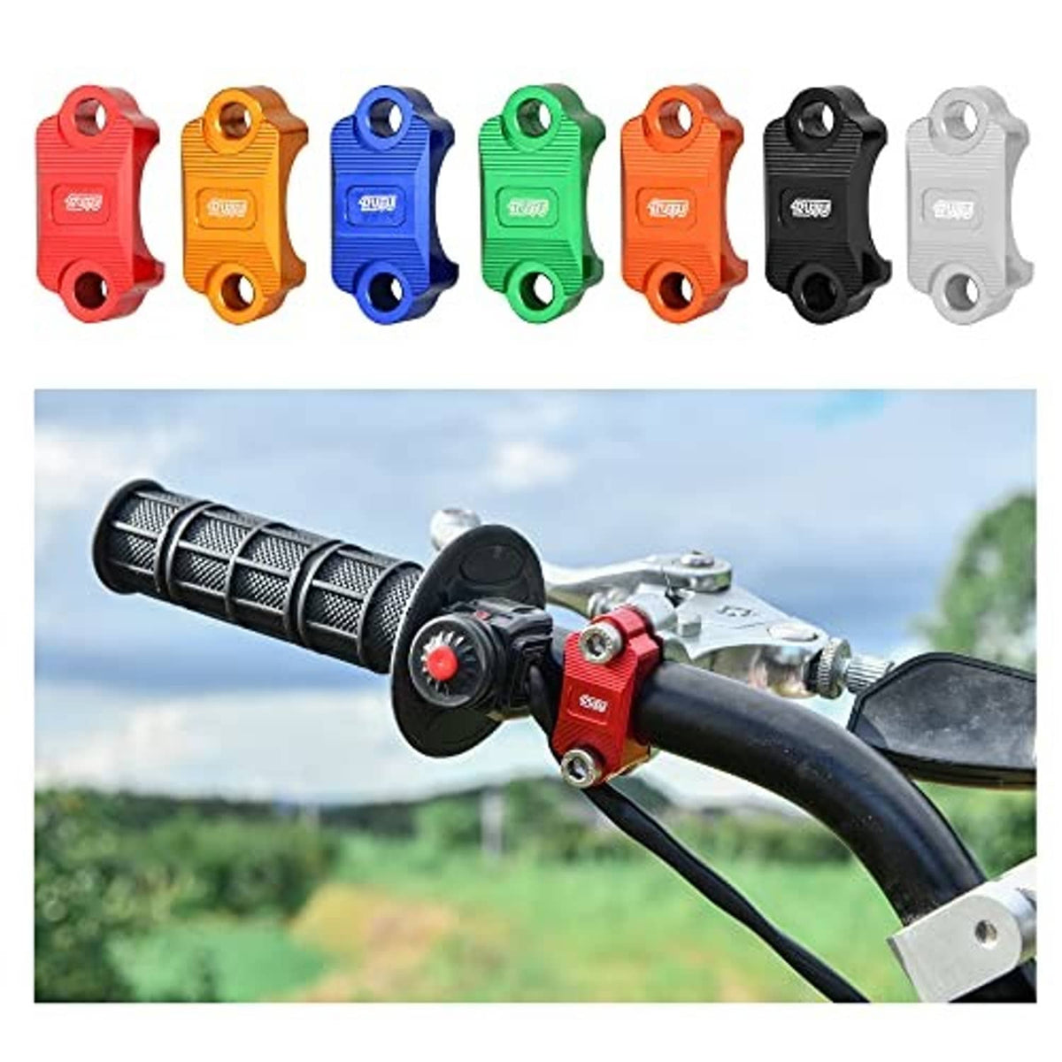 Multi-color CNC brake lever holder clamps with ribbed grips; shown installed on a dirt bike