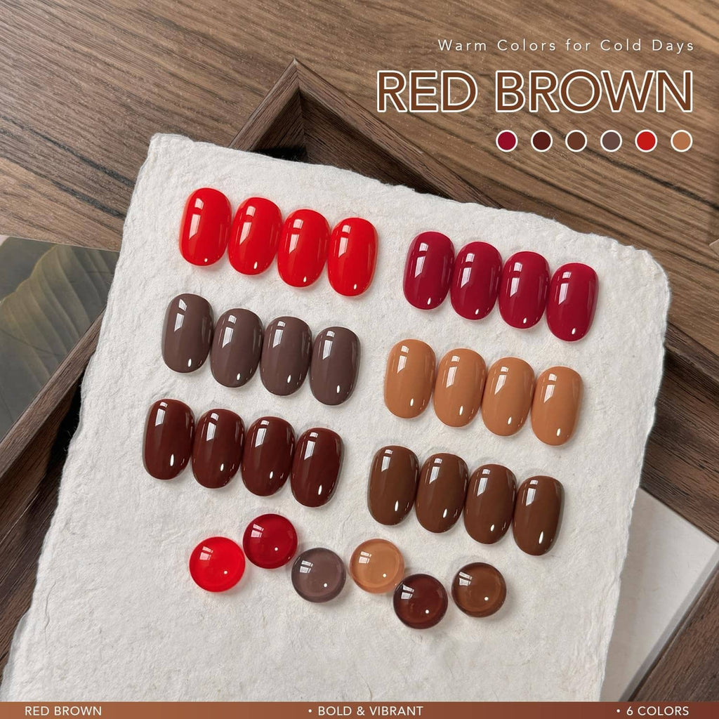 Nail swatch sheet featuring red and brown glossy gel polish shades