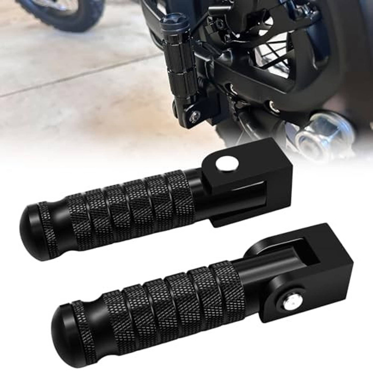 Pair of black textured motorcycle foot pegs with foldable mounting brackets