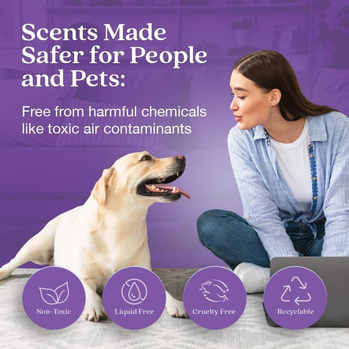 Non-toxic air freshener plug hub kit on purple promo card with pet-friendly icons