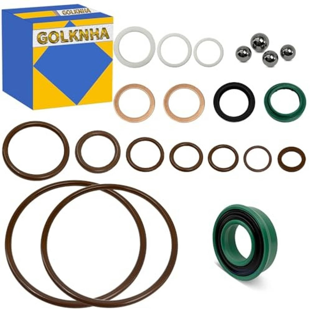 Hydraulic floor jack seals kit contents: O-rings, seals, and steel ball bearings