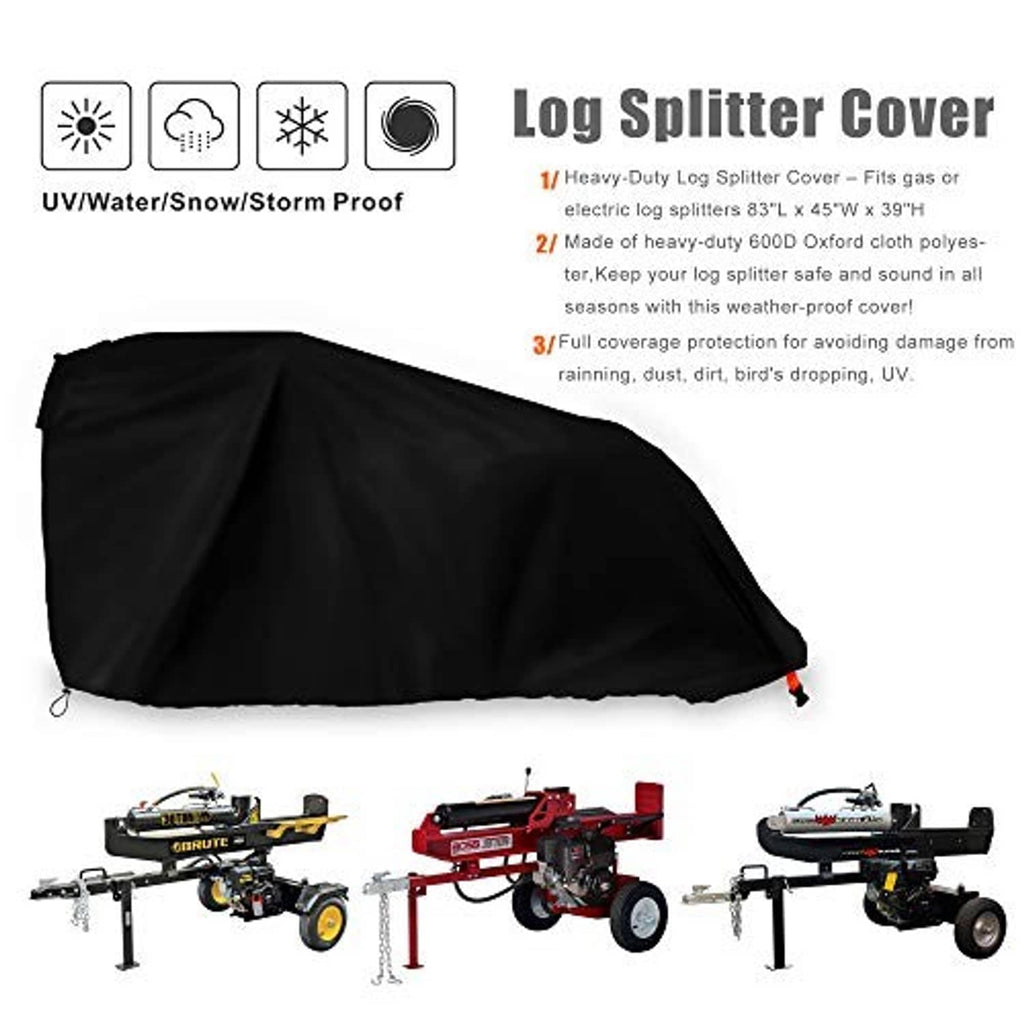 Black log splitter cover with strap tie points and full top drape over the frame
