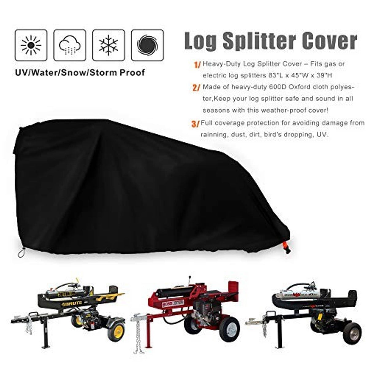 Black log splitter cover with strap tie points and full top drape over the frame