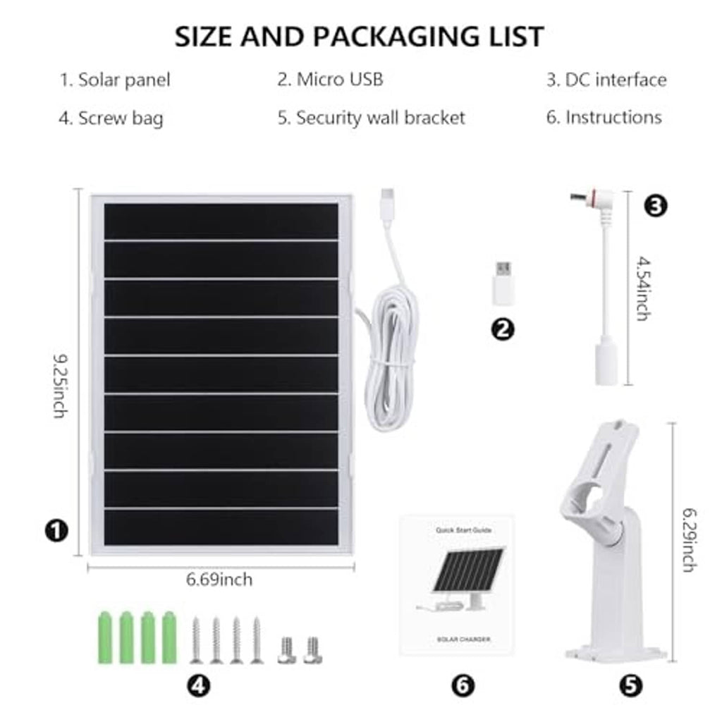 Solar panel charger kit contents: panel, USB cables, mounting bracket, and instructions