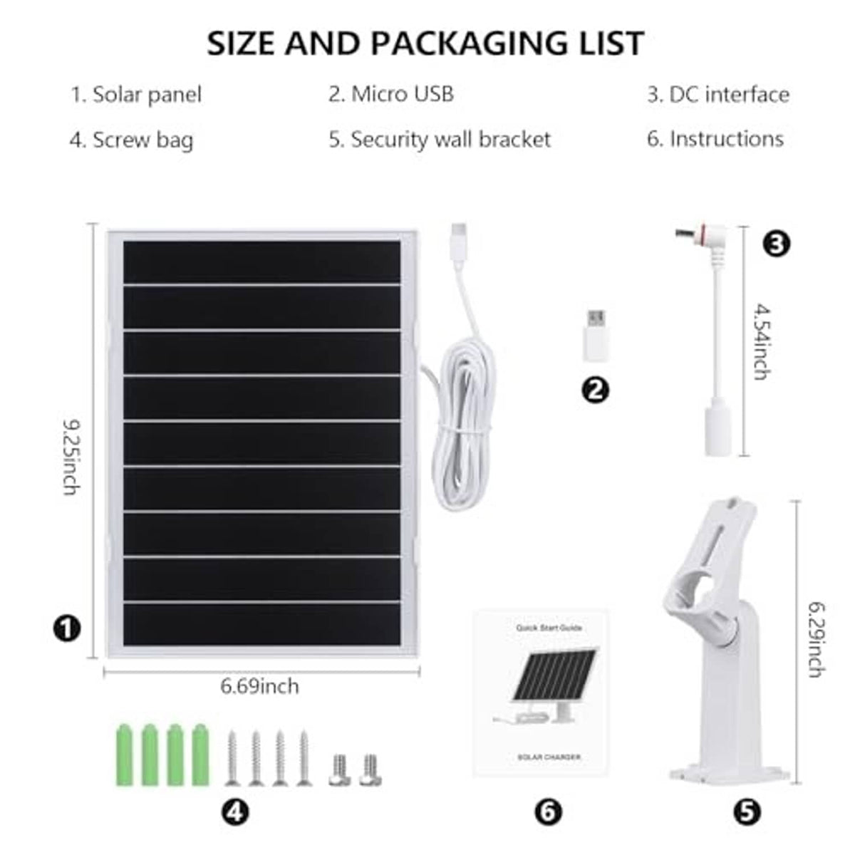 Solar panel charger kit contents: panel, USB cables, mounting bracket, and instructions