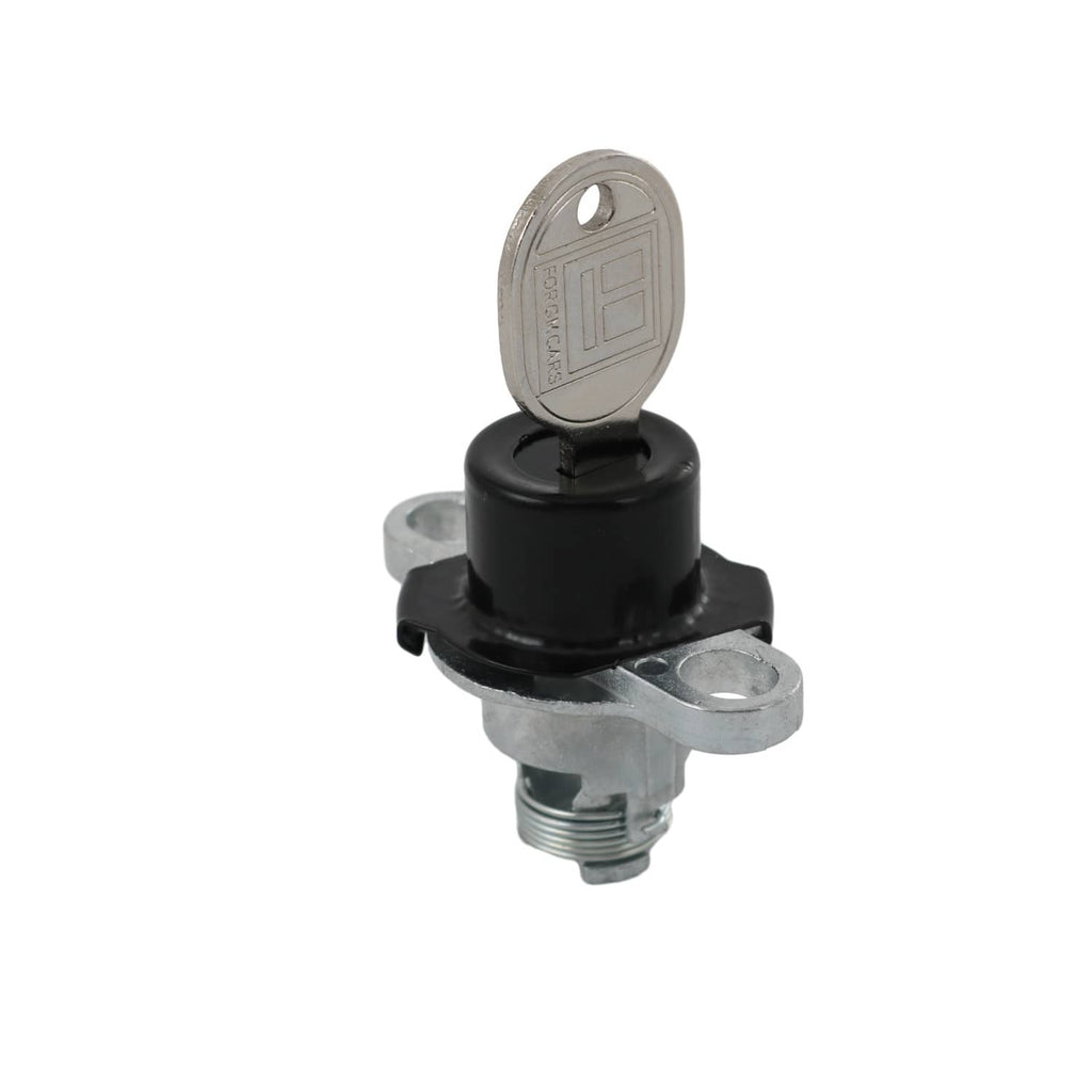 Black lock cylinder with key on silver metal base and threaded mounting stud