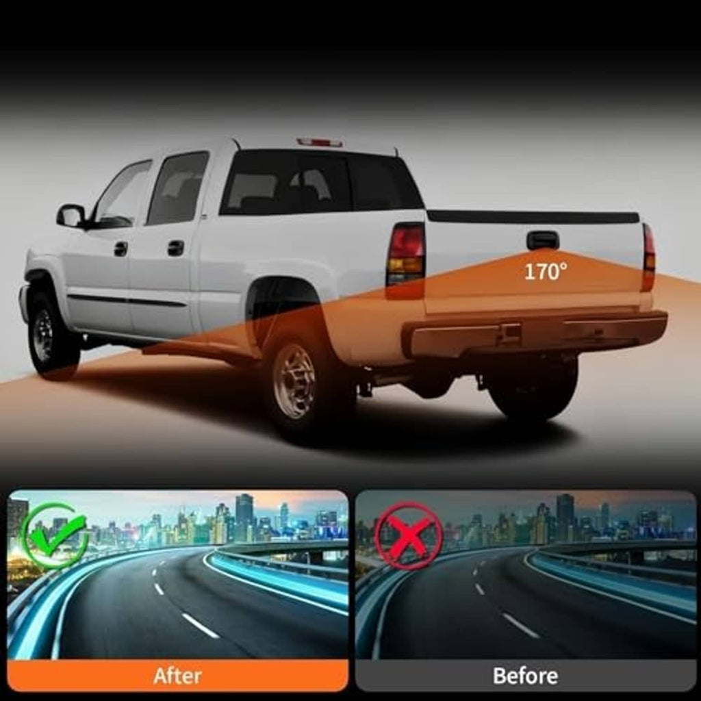 Tailgate handle backup camera mounted on vehicle rear with bundled wiring visible