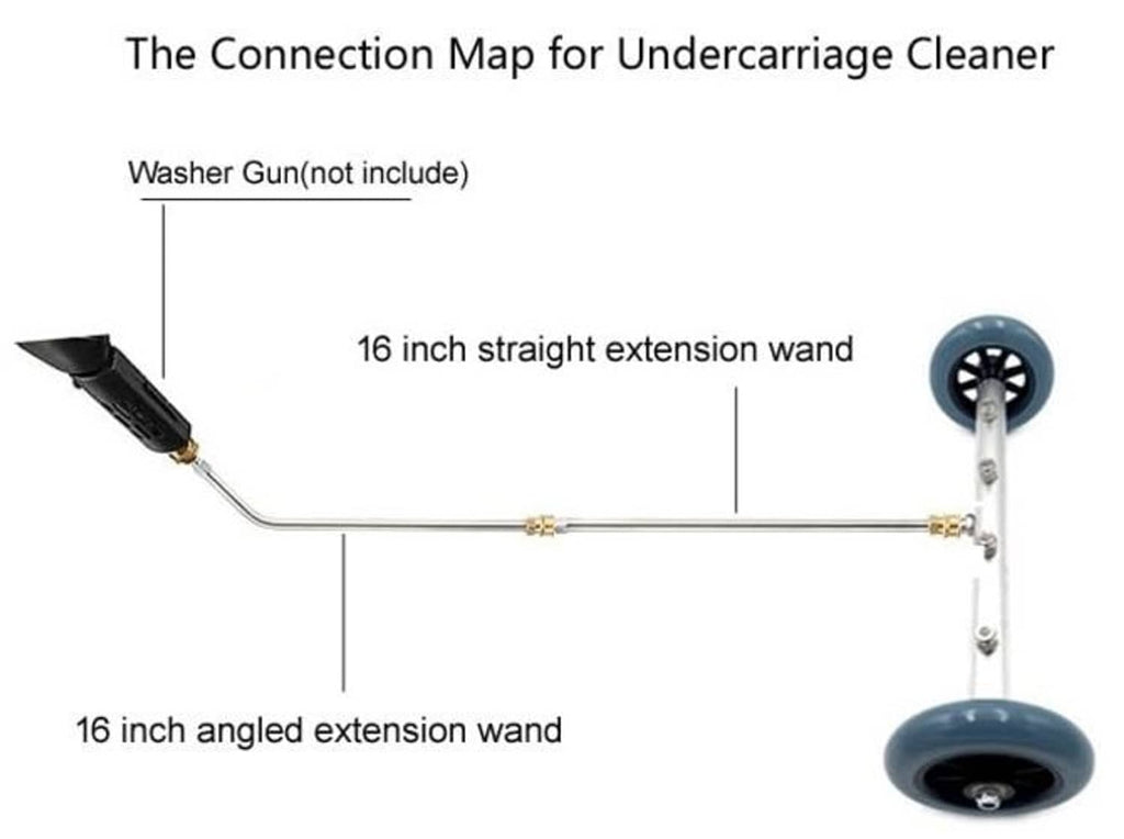 Undercarriage pressure washer cleaner connection with 16 in straight and angled extension wands