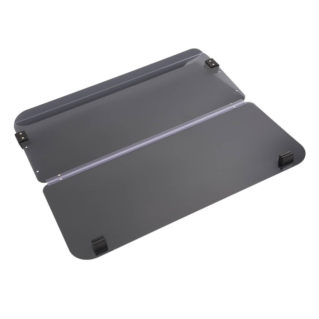 Tilted view of tinted fold-down windshield windscreen with black corner mounting tabs