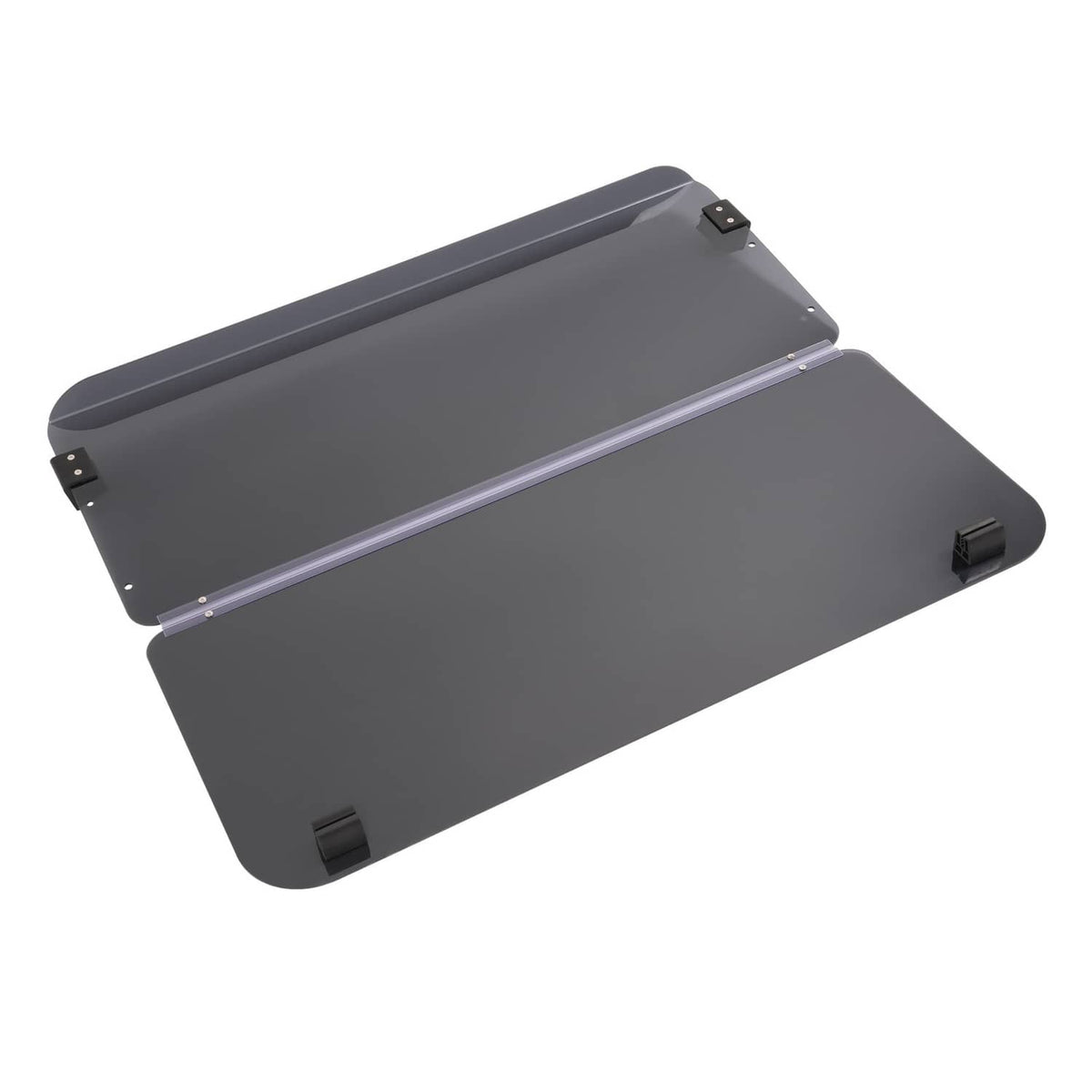 Tilted view of tinted fold-down windshield windscreen with black corner mounting tabs