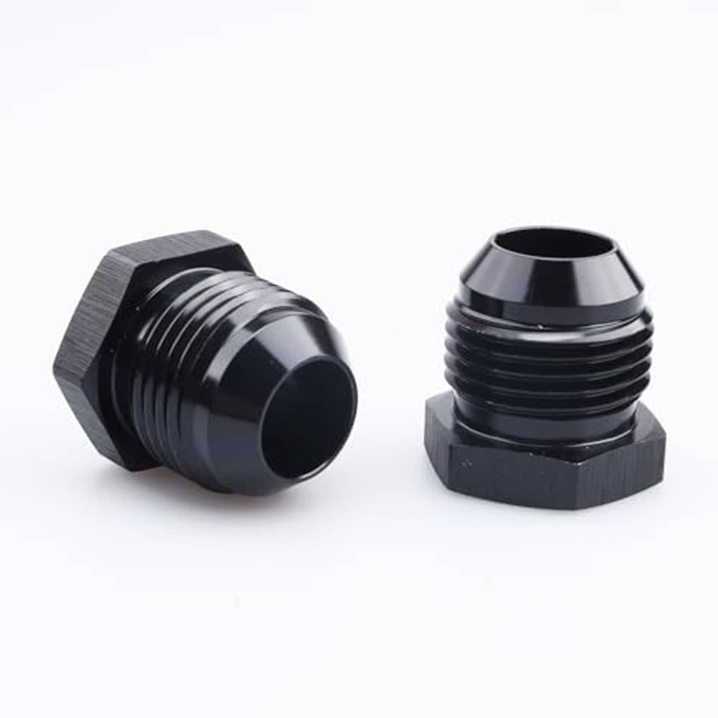 Black AN male flare blanking plug connectors angled view, threaded with hex caps
